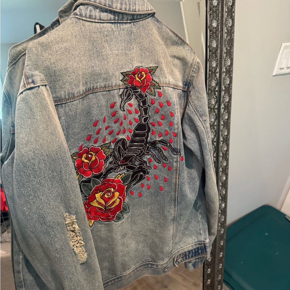 Embroidered Denim Jacket with Scorpion and Roses